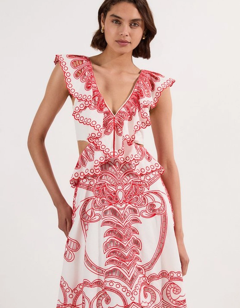 Cutwork Embroidered Ruffle Woven Mini Dress