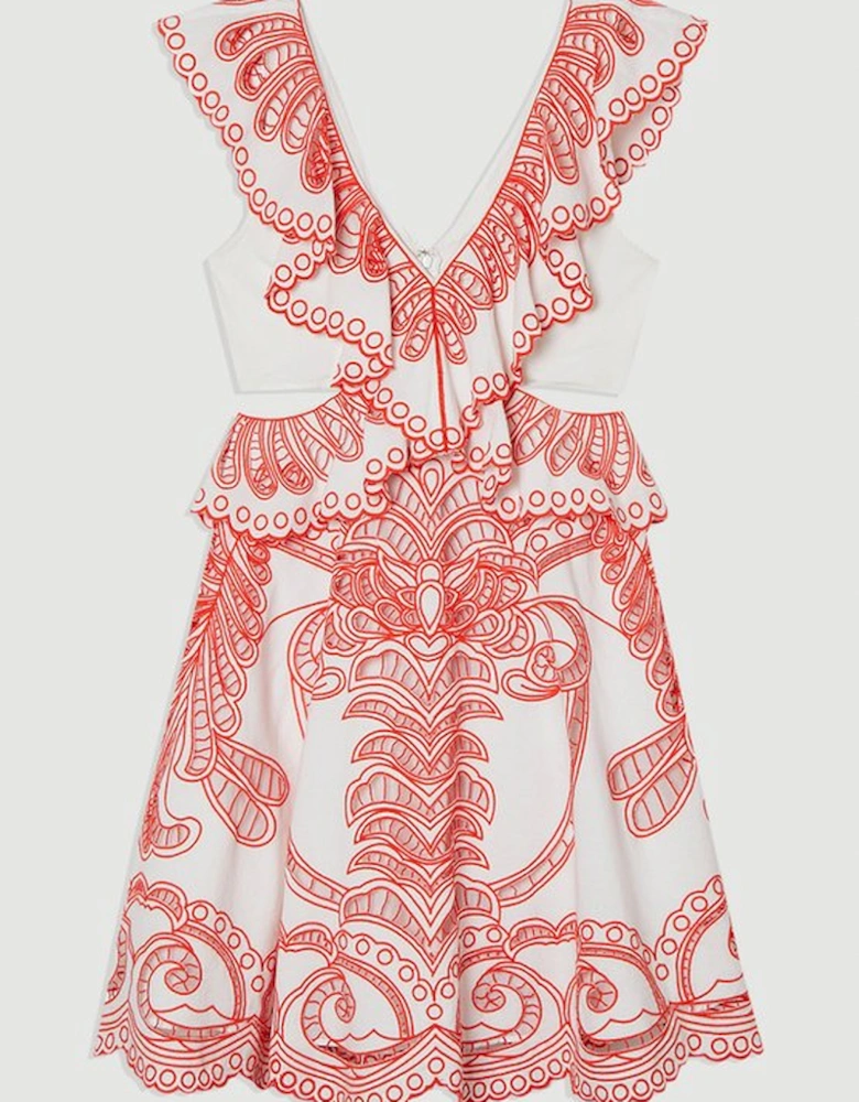 Cutwork Embroidered Ruffle Woven Mini Dress