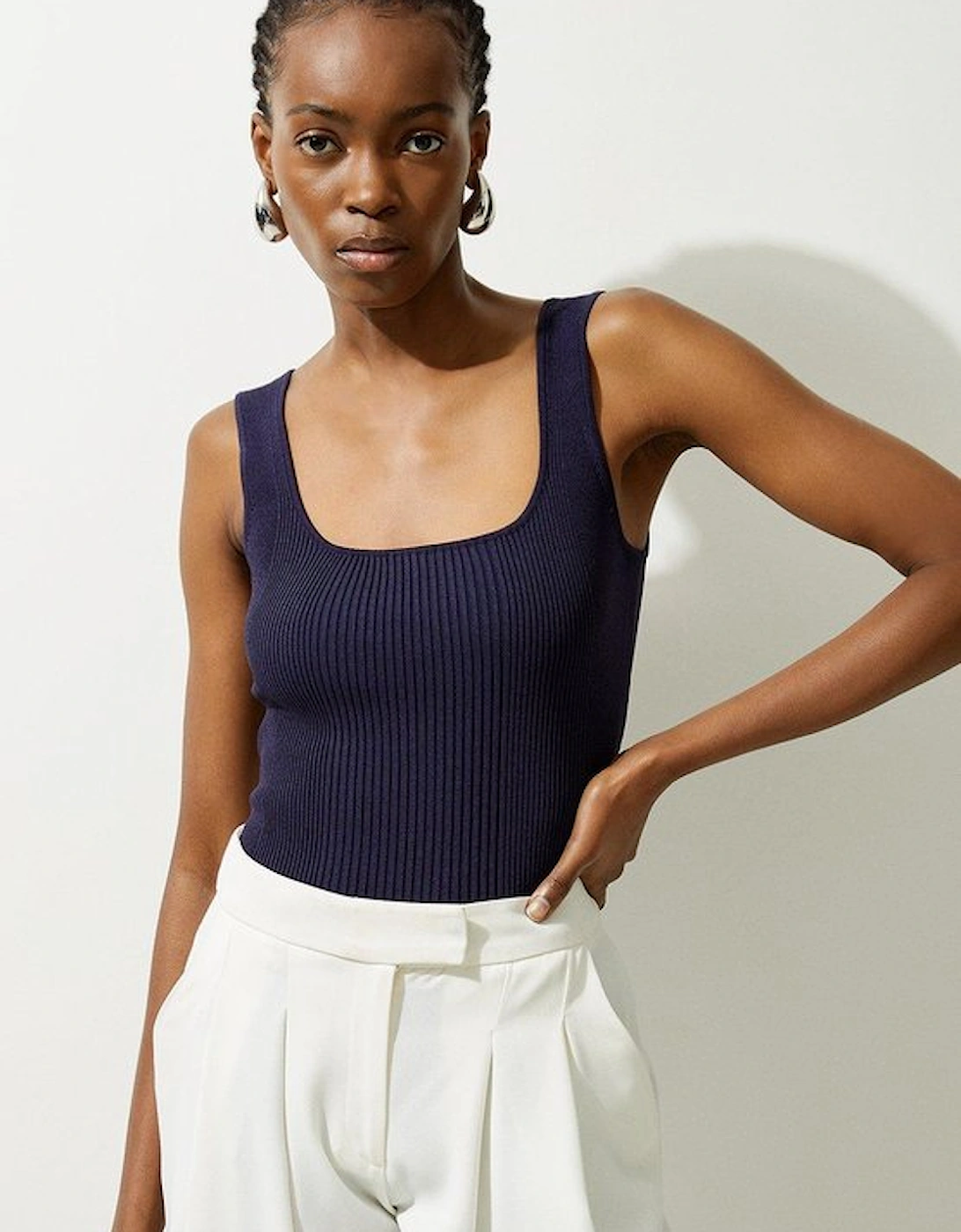 Viscose Blend Rib Knit Square Neck Vest, 5 of 4