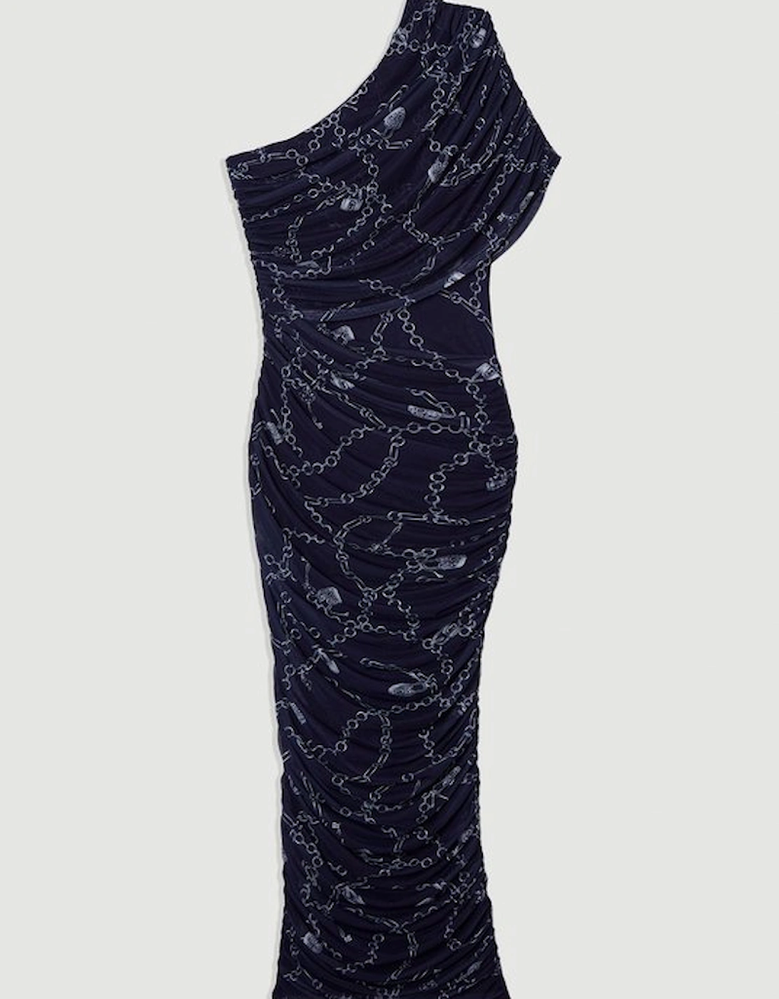 Chain Print Mesh One Shoulder Midi Dress