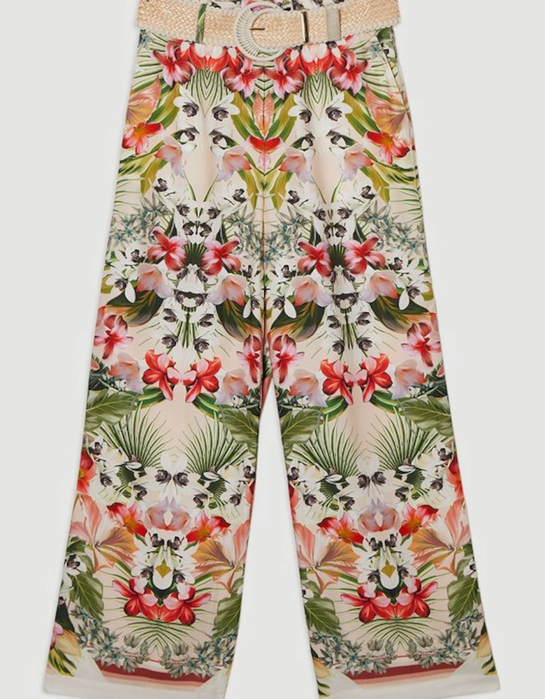 Mirrored Viscose Linen Floral Print With Raffia Belt Woven Trouser