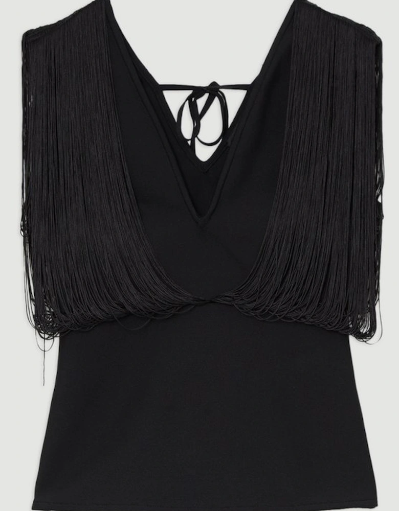 Figure Form Bandage Knit Fringe Detail Top