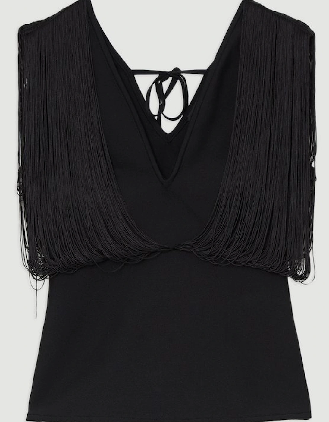 Figure Form Bandage Knit Fringe Detail Top