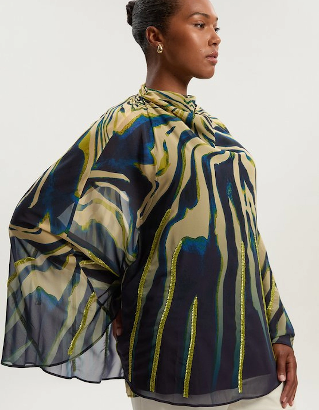 Plus Size Animal Print Georgette Embellished Woven High Neck Cape Blouse, 5 of 4