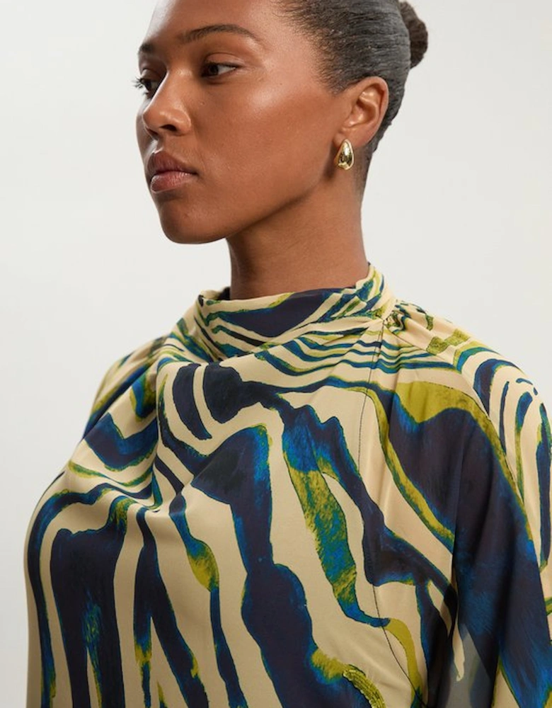 Plus Size Animal Print Georgette Embellished Woven High Neck Cape Blouse