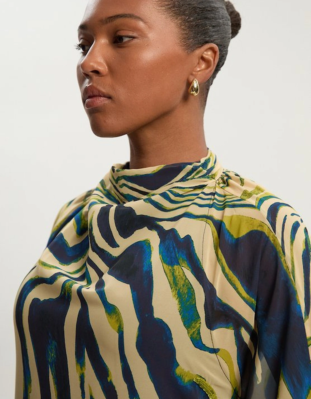 Plus Size Animal Print Georgette Embellished Woven High Neck Cape Blouse