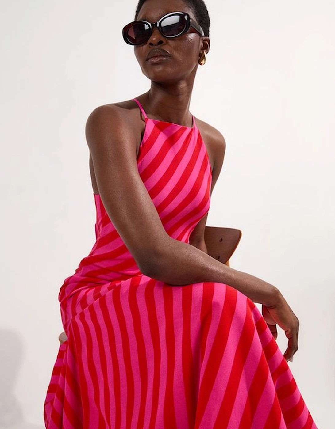Petite Fluid Stripe Cotton Mix Woven Midi Halter Dress