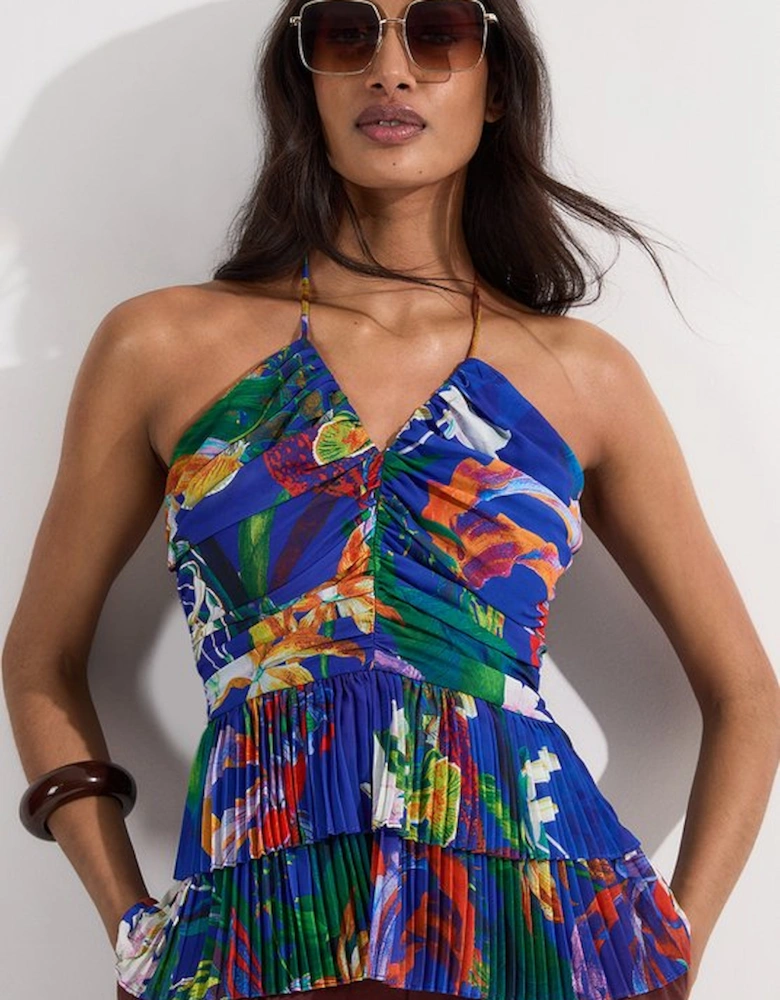 Tropical Georgette Crinkle Tiered Halterneck Top