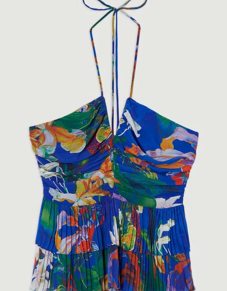 Tropical Georgette Crinkle Tiered Halterneck Top