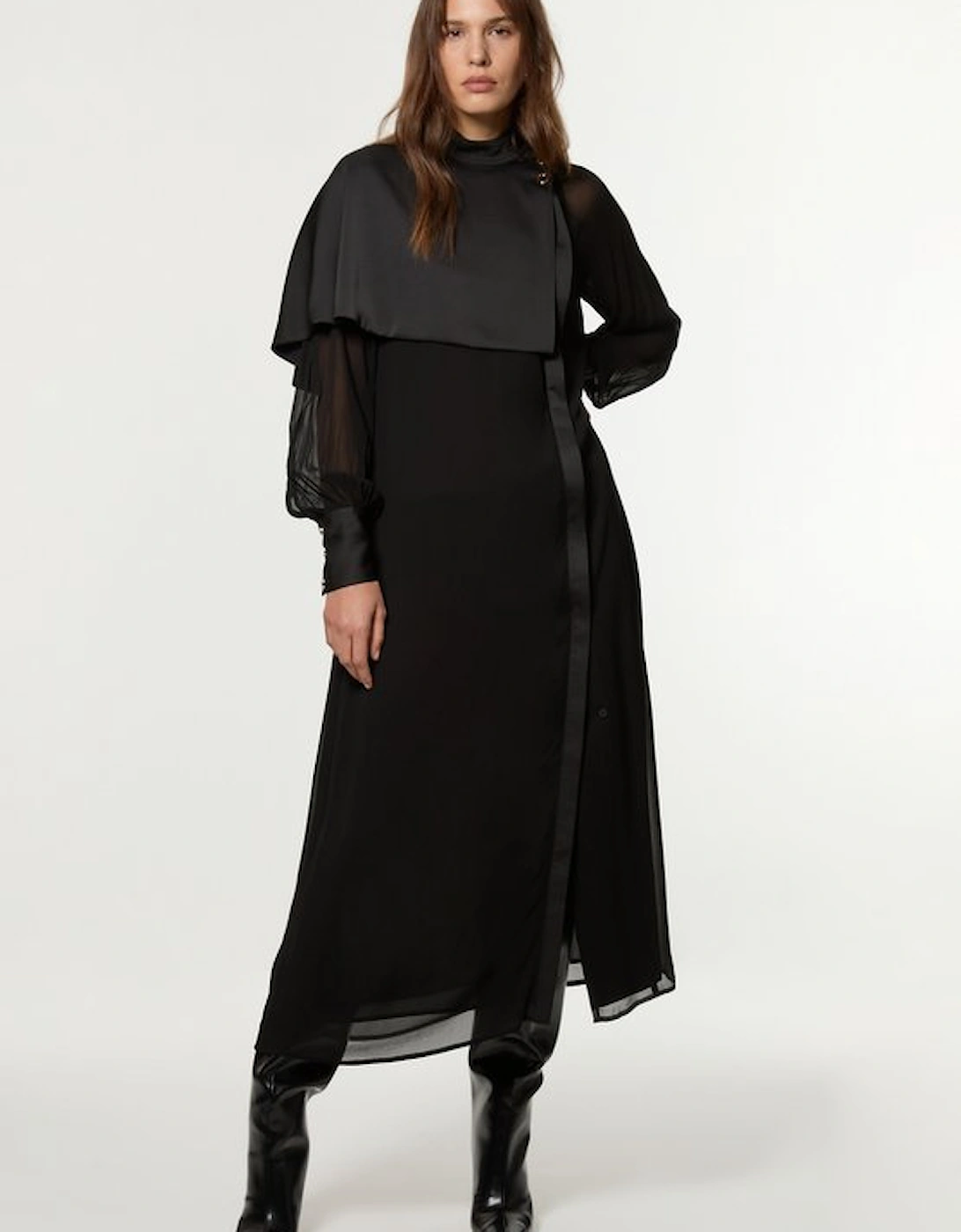 Military Sheer  Cape Detail Woven Maxi Dress