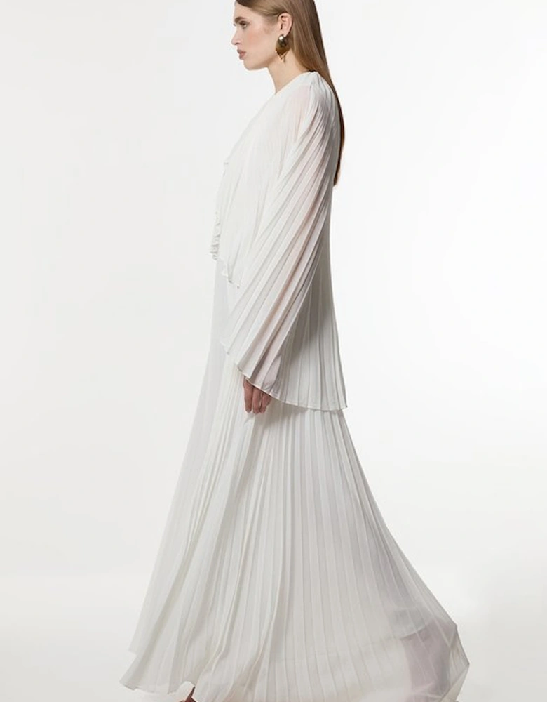 Petite Pleated Cape Sleeve Plunge Neck Maxi Dress