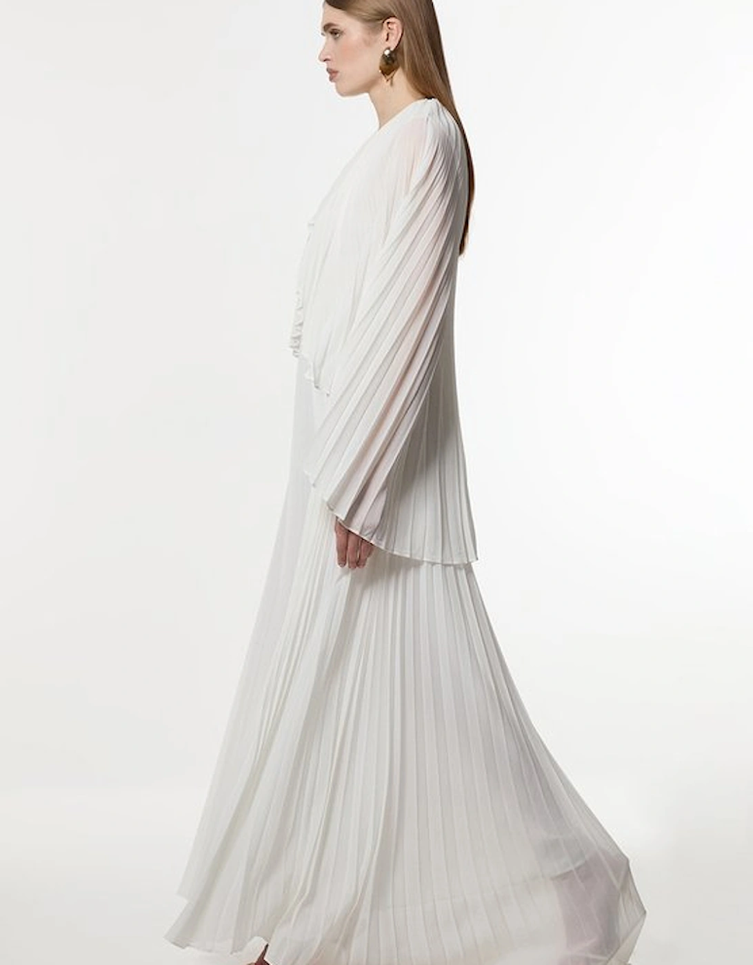 Petite Pleated Cape Sleeve Plunge Neck Maxi Dress
