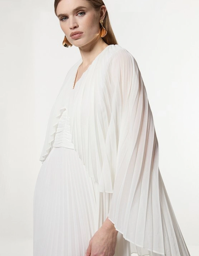 Petite Pleated Cape Sleeve Plunge Neck Maxi Dress