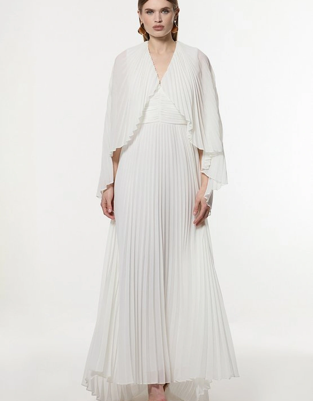 Petite Pleated Cape Sleeve Plunge Neck Maxi Dress, 4 of 3