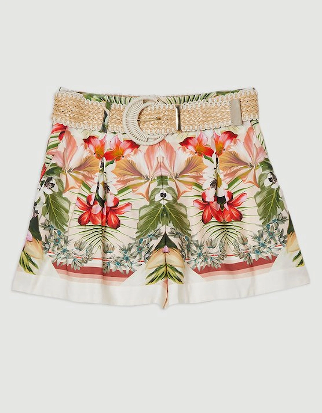 Mirrored Viscose Linen Floral Print With Raffia Belt Woven City Short