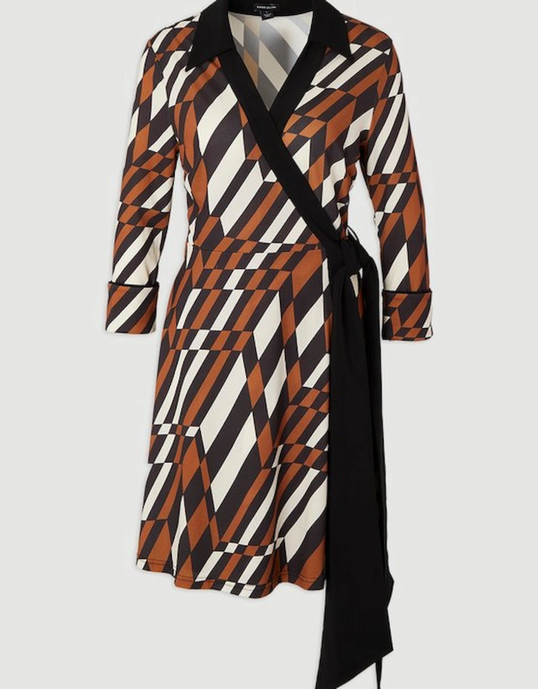 Geo Printed Jersey Crepe Tie Waist Midi Dress