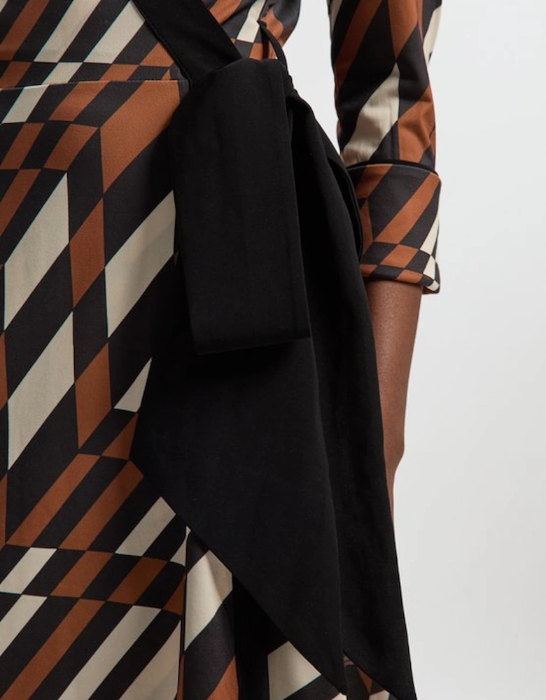 Geo Printed Jersey Crepe Tie Waist Midi Dress