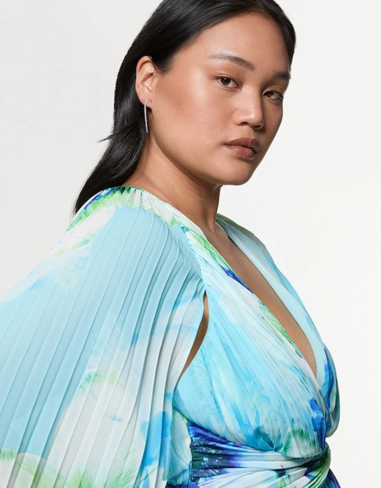 Plus Size Ombre Floral Soft Pleated Woven Blouse With Cape