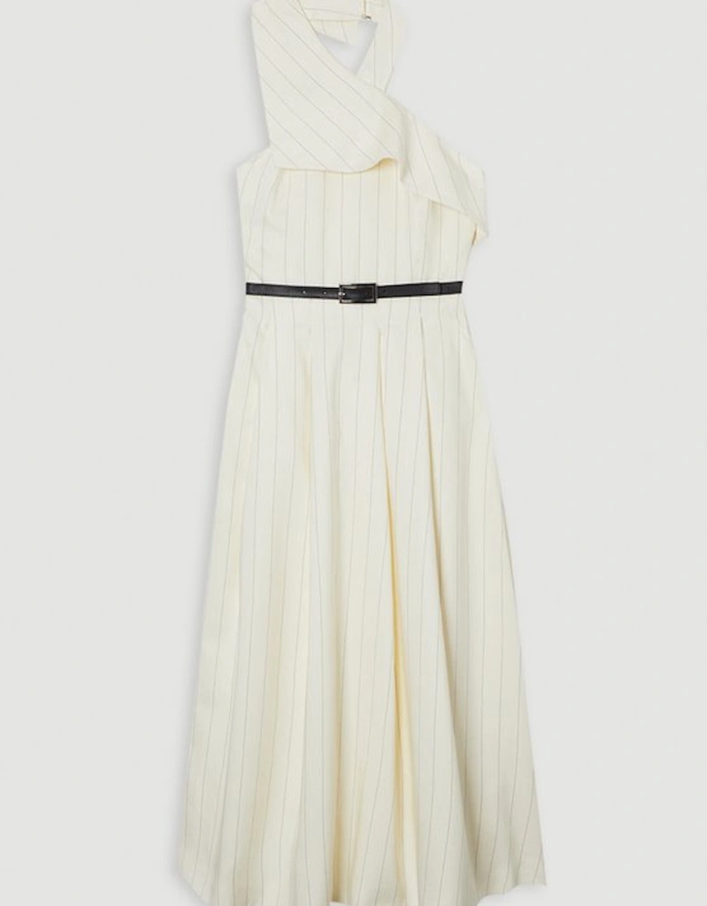 Plus Size Premium Linen Viscose Pinstripe Halter Neck Belted Full Skirted Midi Dress
