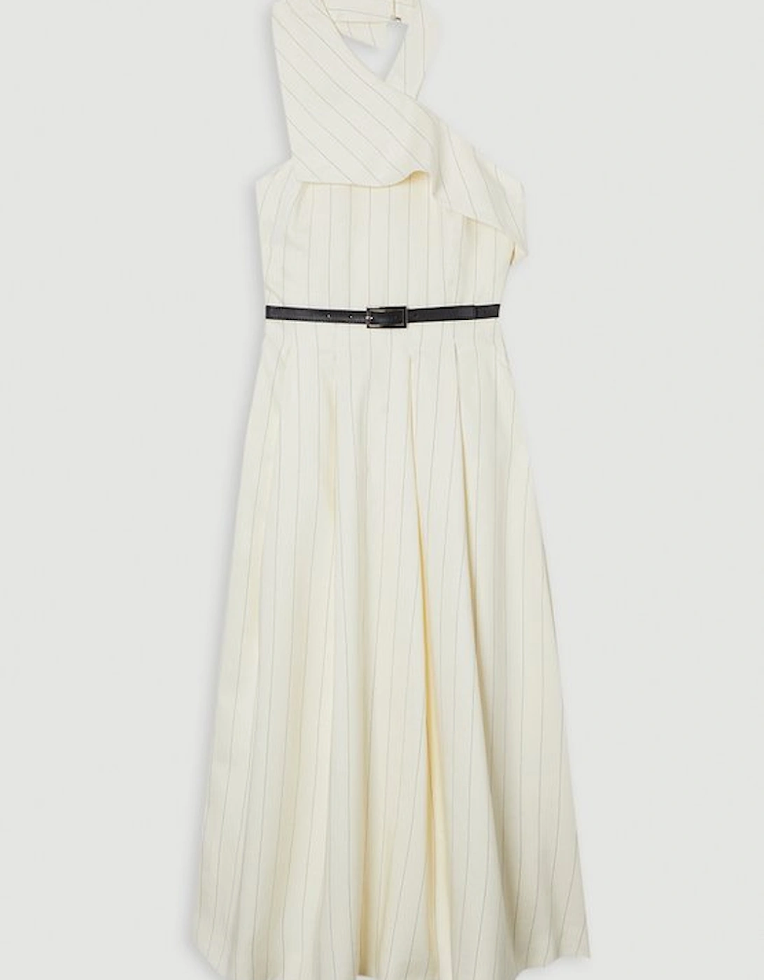 Plus Size Premium Linen Viscose Pinstripe Halter Neck Belted Full Skirted Midi Dress
