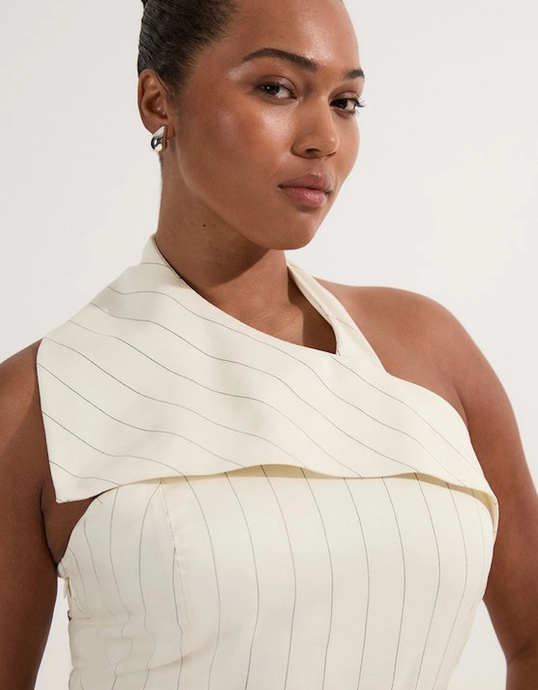 Plus Size Premium Linen Viscose Pinstripe Halter Neck Belted Full Skirted Midi Dress