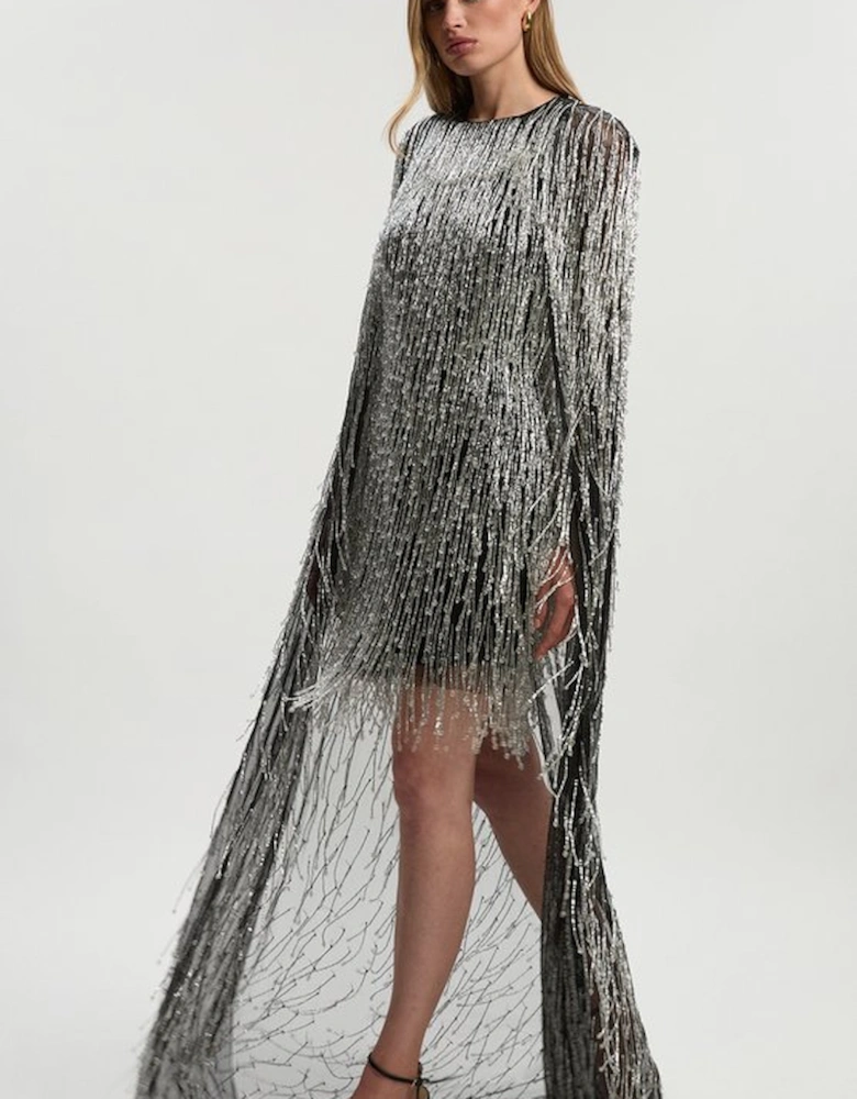 Embellished Fringe Caped Woven Mini Dress