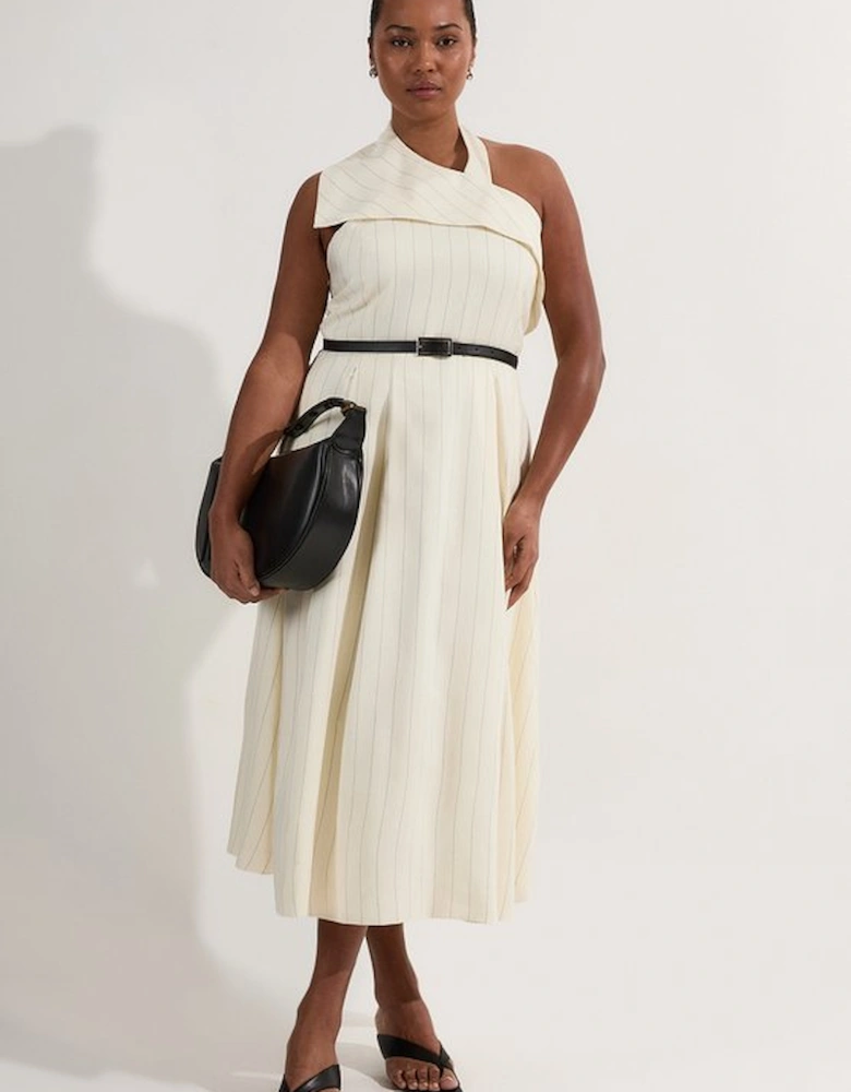 Plus Size Premium Linen Viscose Pinstripe Halter Neck Belted Full Skirted Midi Dress