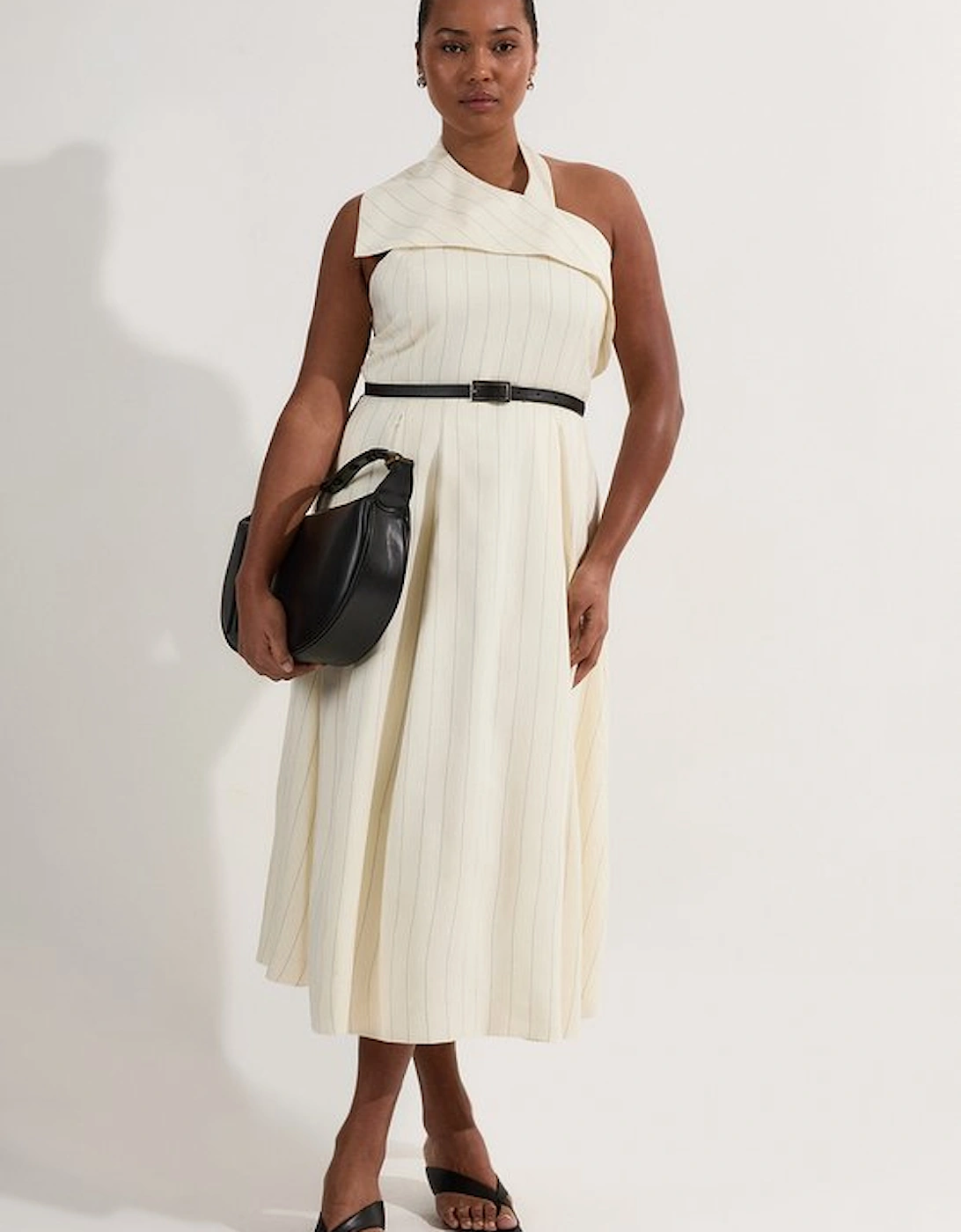 Plus Size Premium Linen Viscose Pinstripe Halter Neck Belted Full Skirted Midi Dress