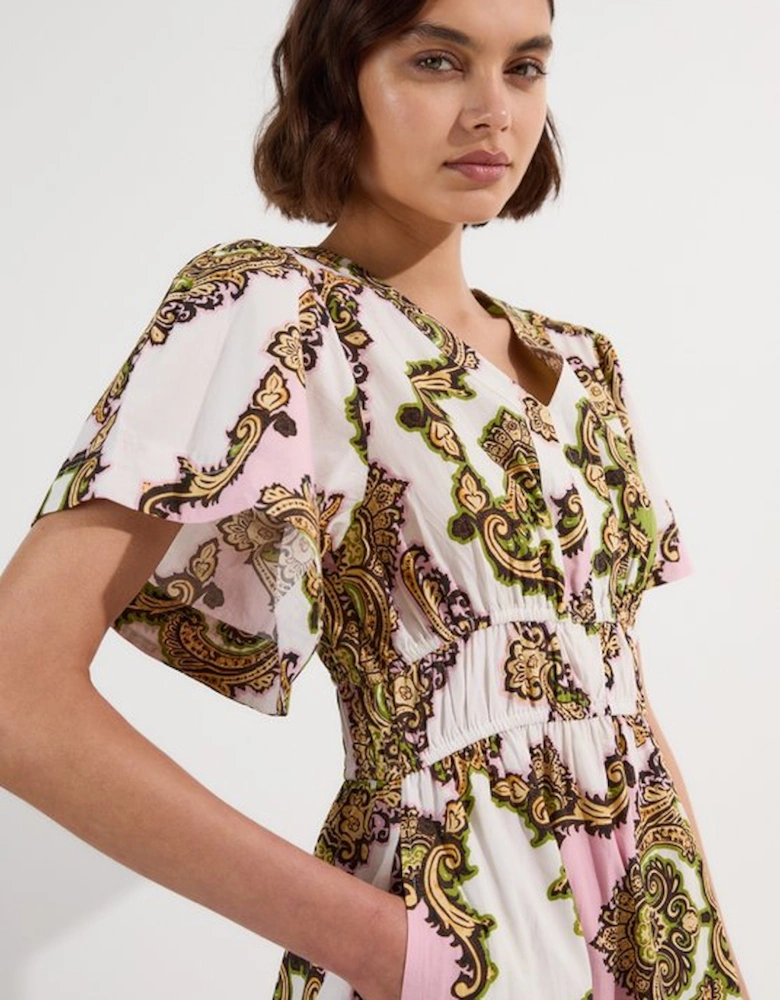 Shirred Cotton Tiered Tile Print Woven Maxi Dress