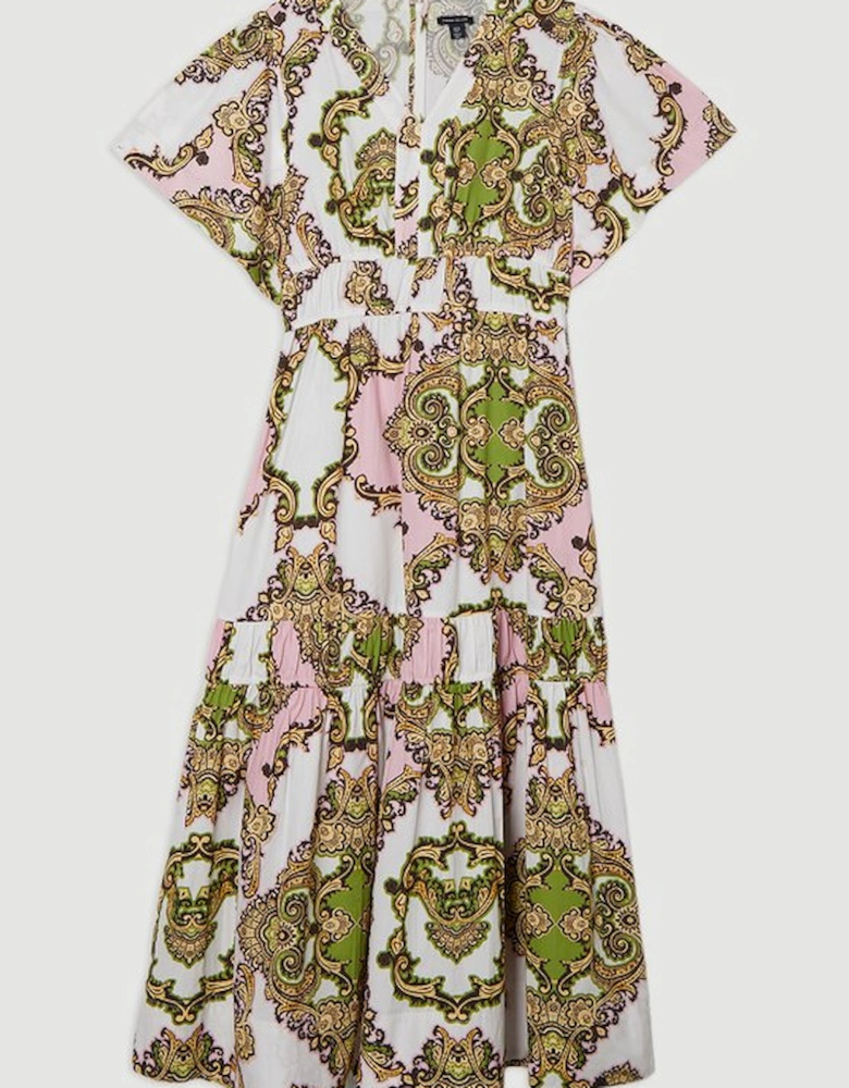 Shirred Cotton Tiered Tile Print Woven Maxi Dress