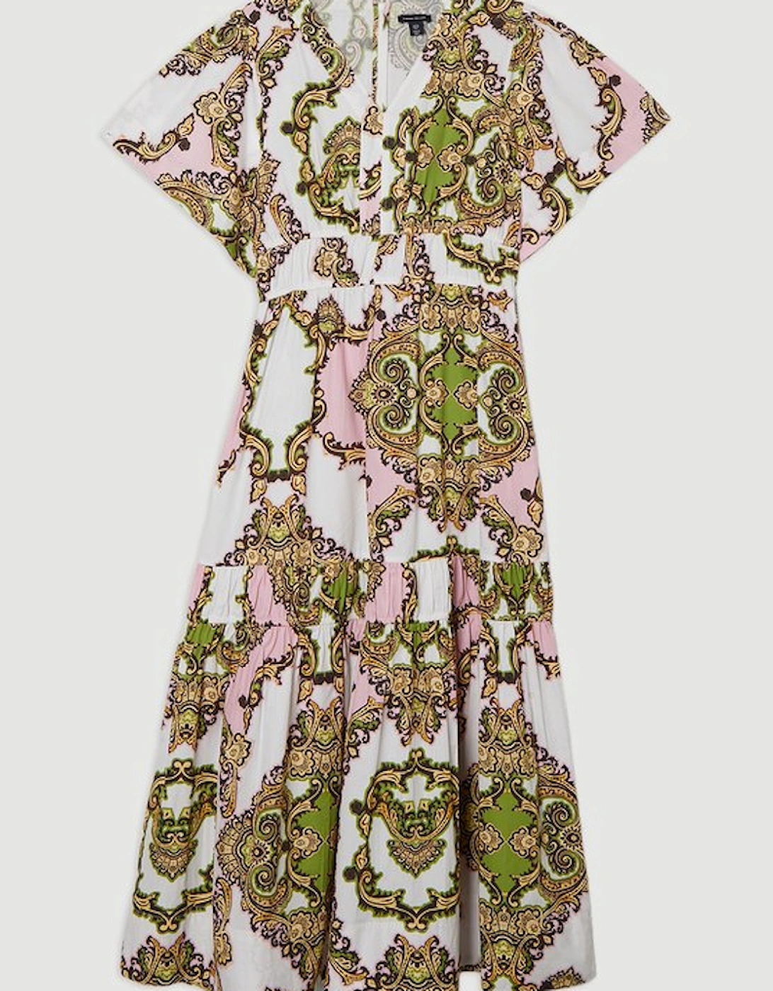 Shirred Cotton Tiered Tile Print Woven Maxi Dress