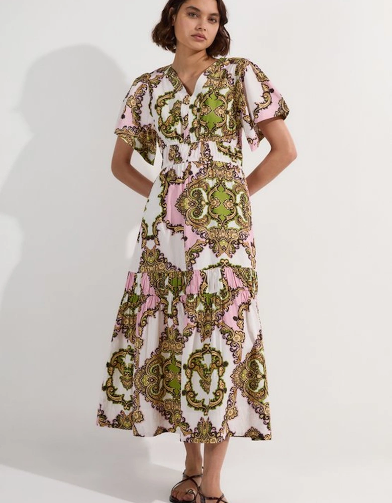 Shirred Cotton Tiered Tile Print Woven Maxi Dress