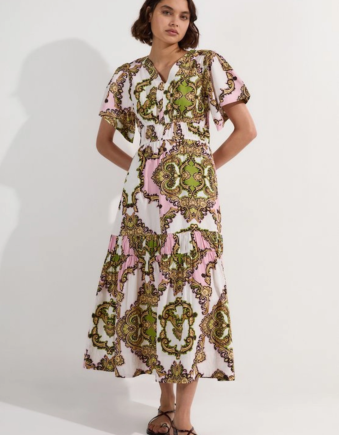 Shirred Cotton Tiered Tile Print Woven Maxi Dress