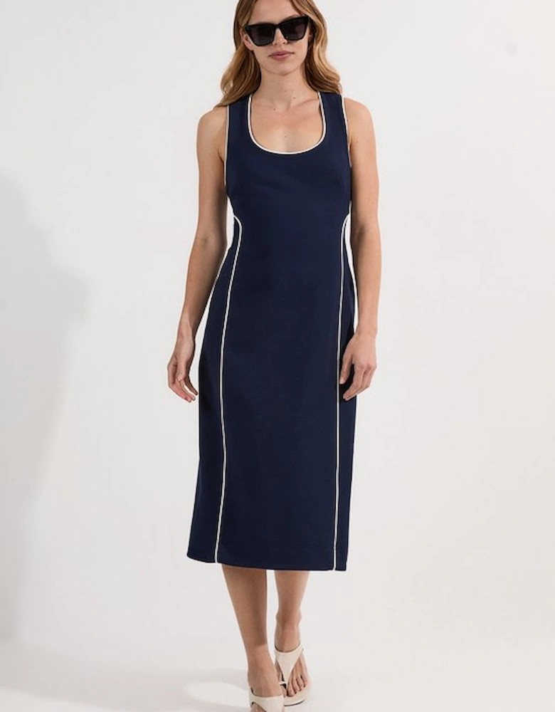 Compact Stretch Contrast Tipped Tailored Pencil Midi Dress