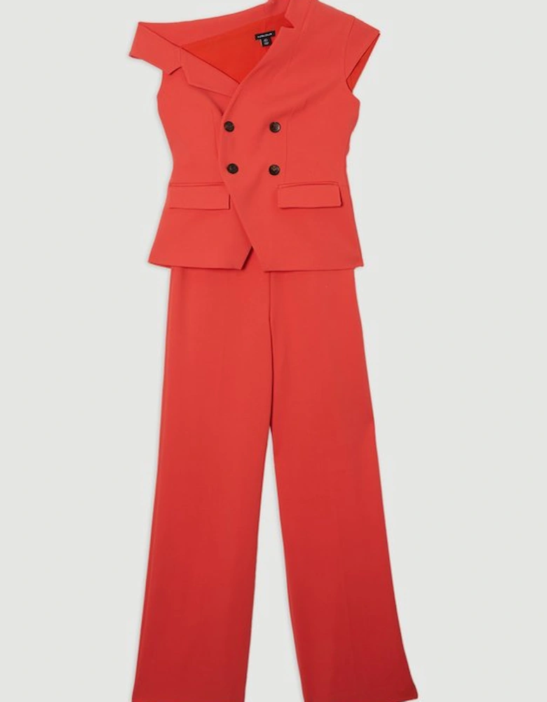 Compact Stretch Asymmetric Collar Wide Leg Tailored Jumpsuit