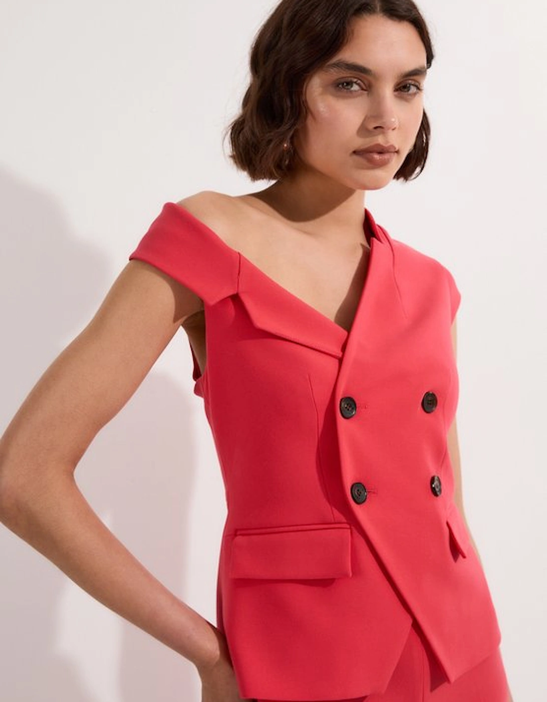 Compact Stretch Asymmetric Collar Wide Leg Tailored Jumpsuit