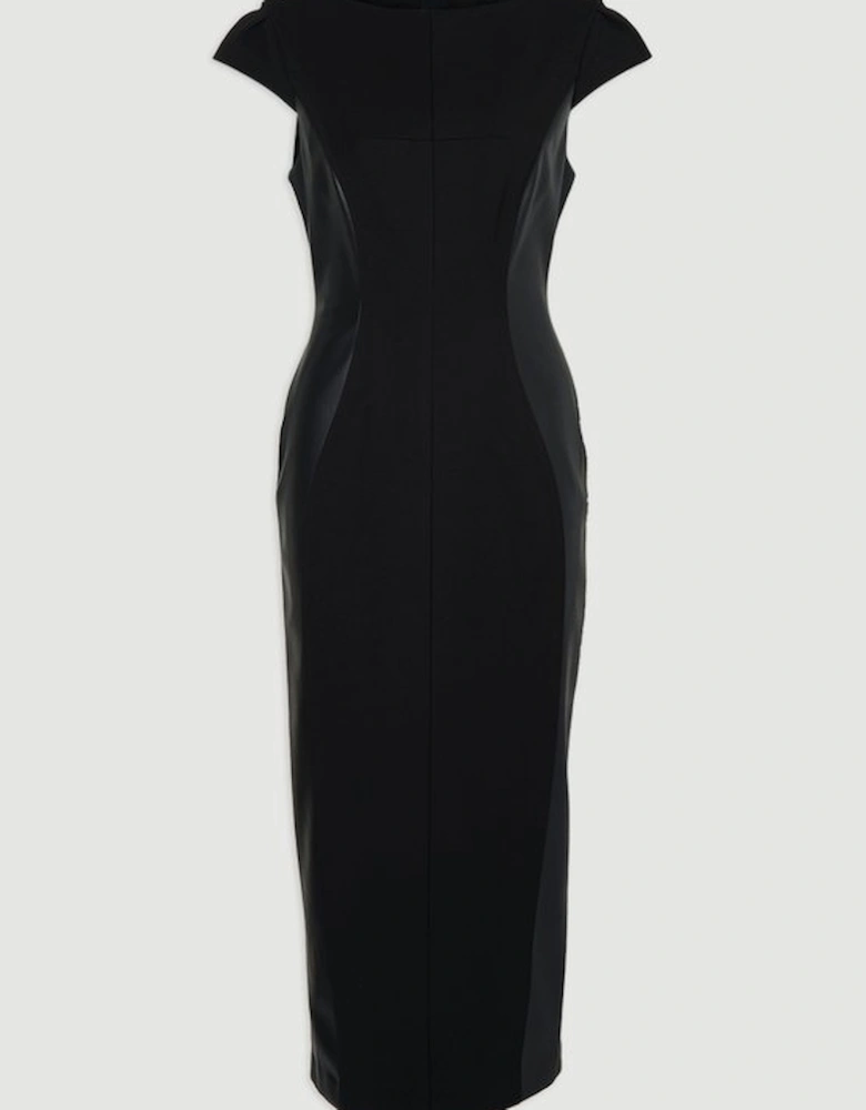 Ponte And Pu Mix Short Sleeve Tailored Pencil Midi Dress