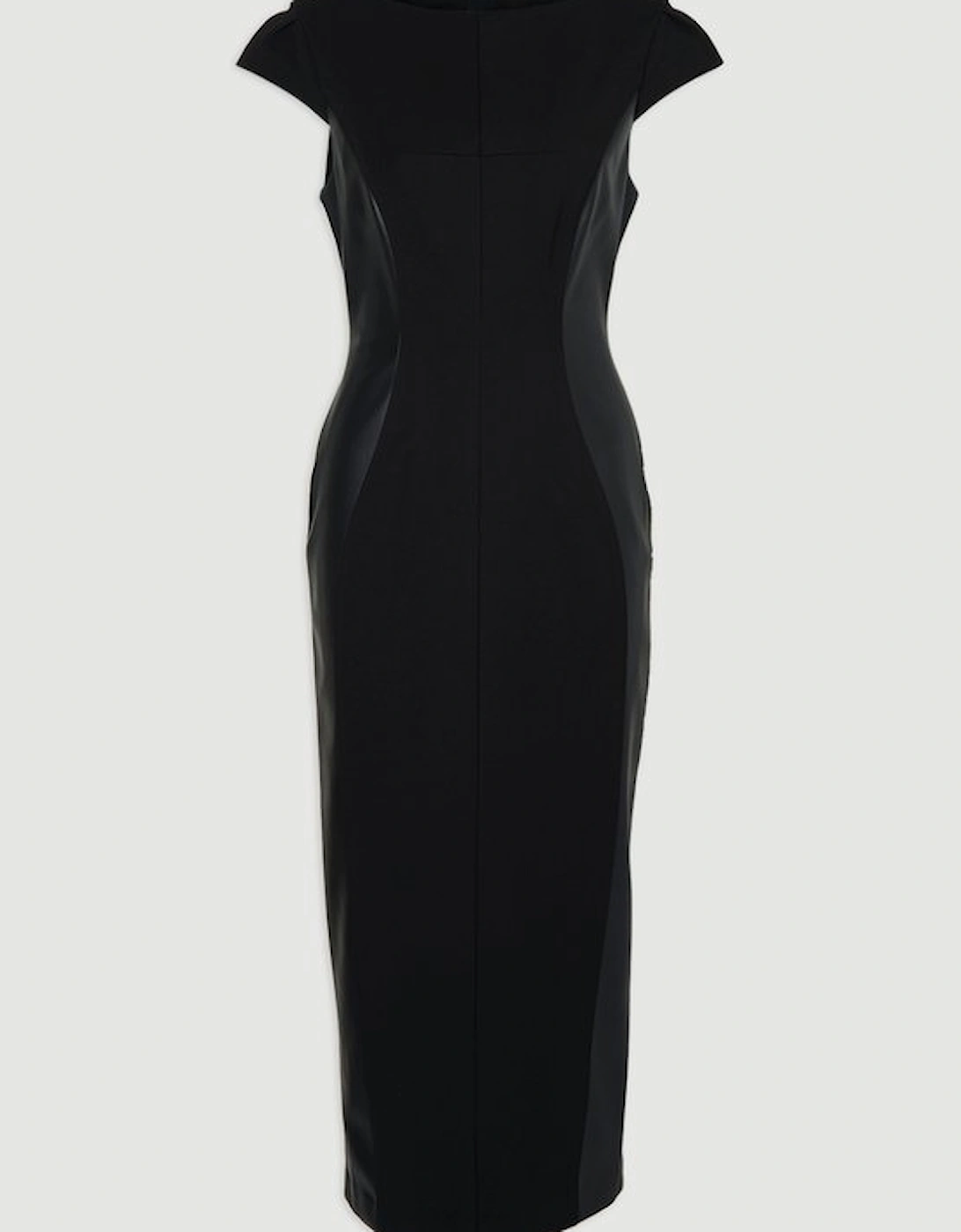 Ponte And Pu Mix Short Sleeve Tailored Pencil Midi Dress