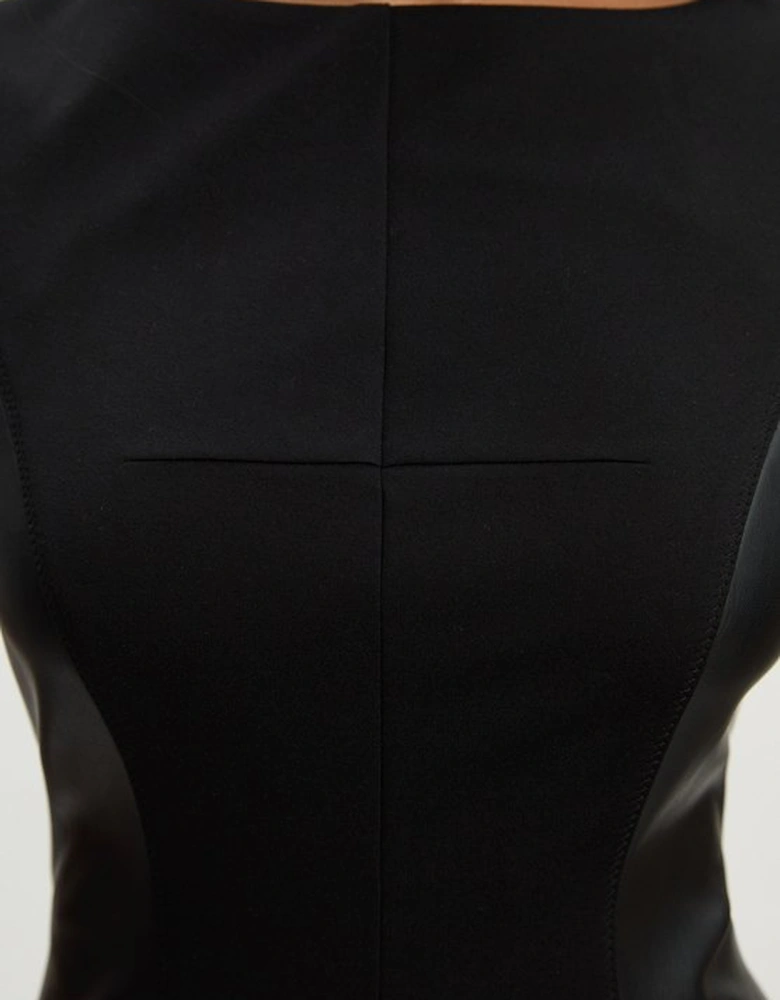 Ponte And Pu Mix Short Sleeve Tailored Pencil Midi Dress
