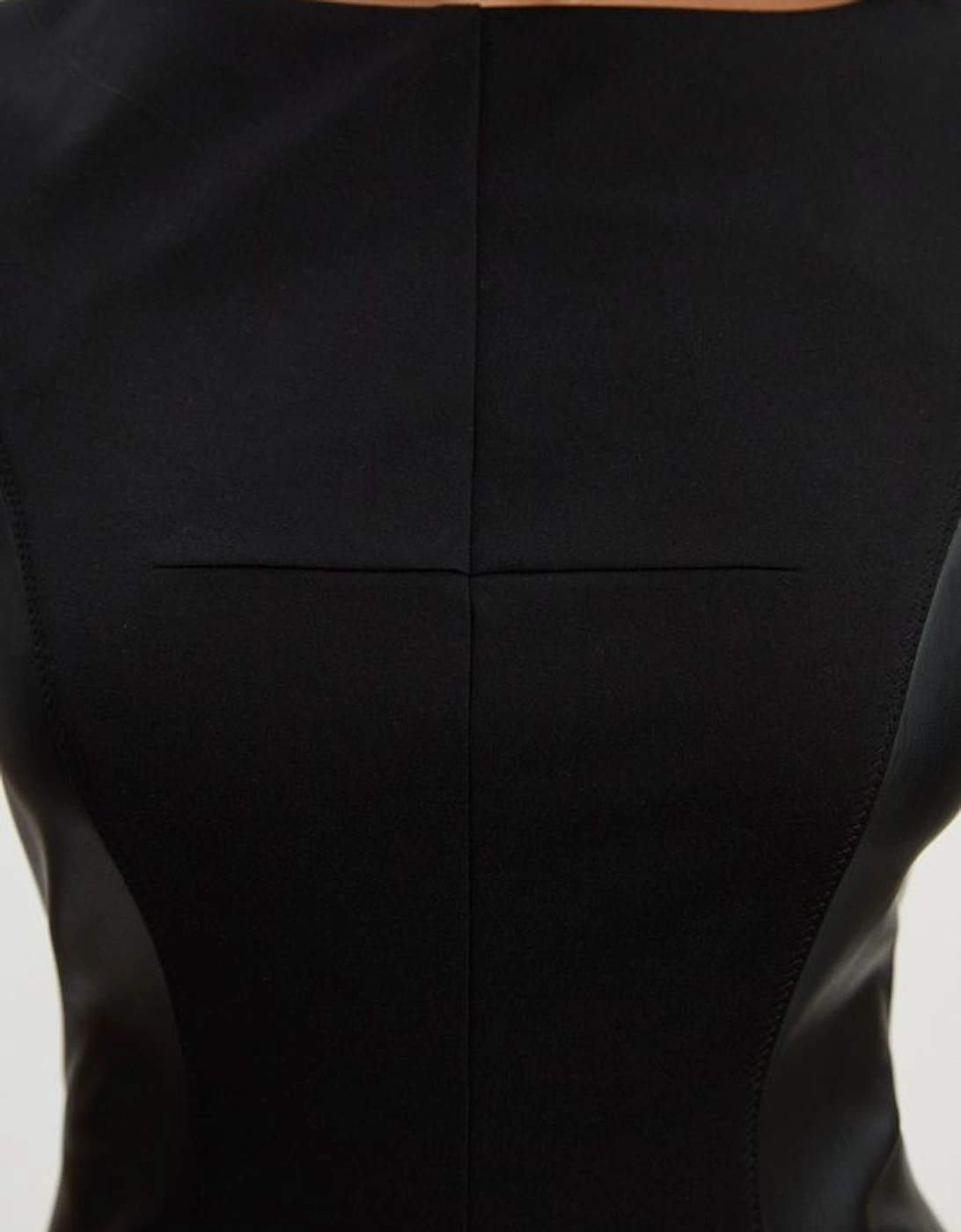 Ponte And Pu Mix Short Sleeve Tailored Pencil Midi Dress