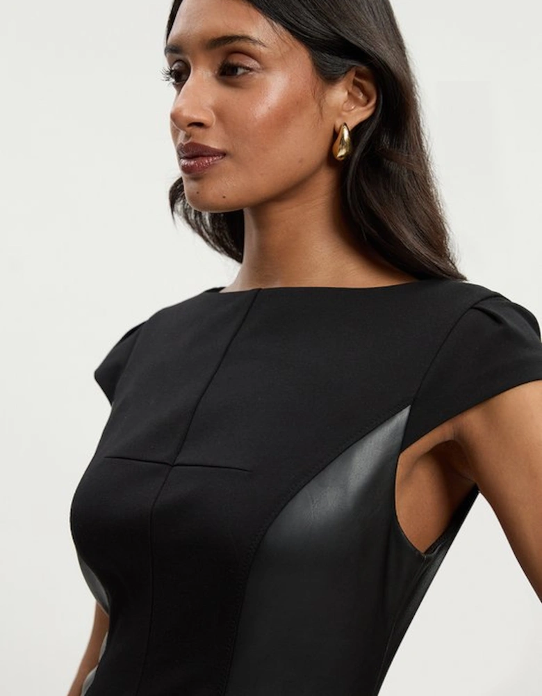 Ponte And Pu Mix Short Sleeve Tailored Pencil Midi Dress