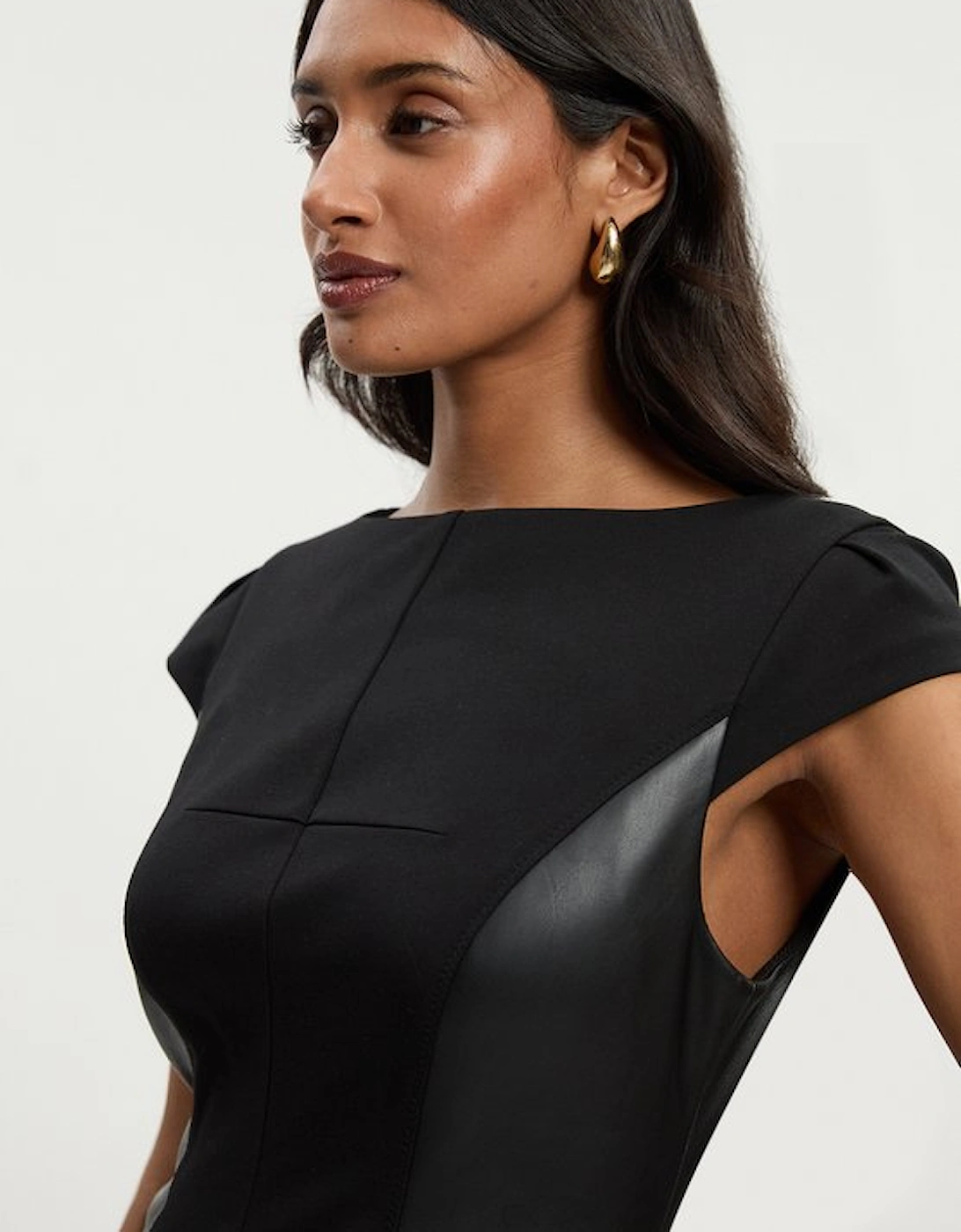 Ponte And Pu Mix Short Sleeve Tailored Pencil Midi Dress