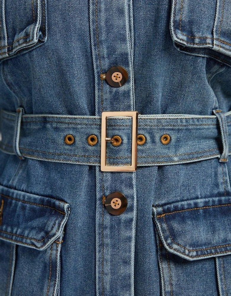 Plus Size Denim Pocket Detail Belted Safari Jacket