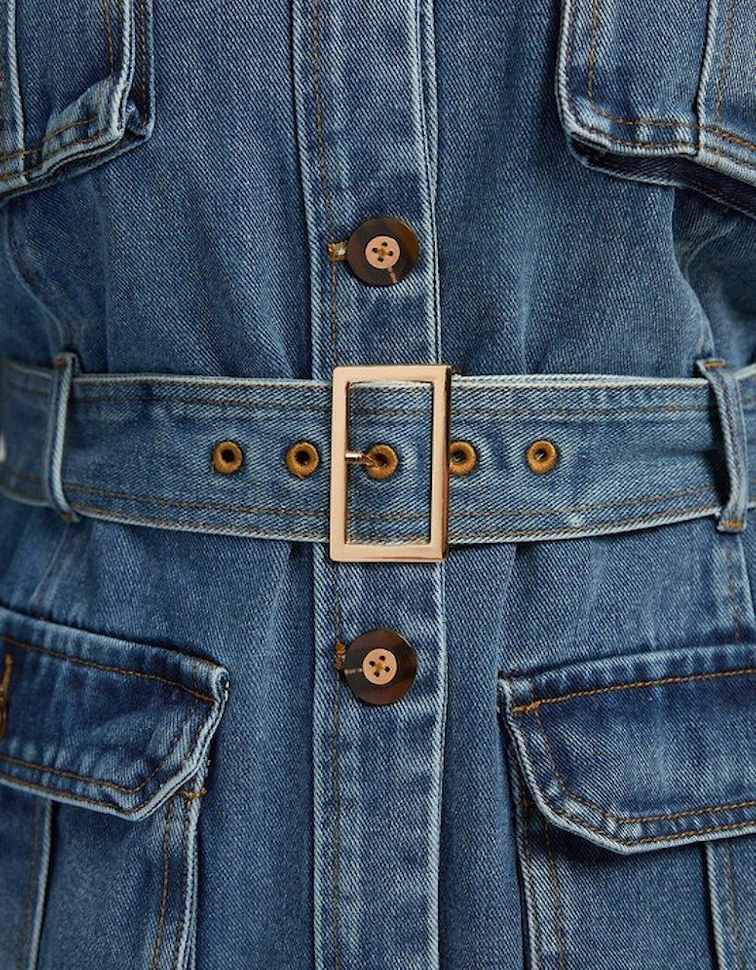 Plus Size Denim Pocket Detail Belted Safari Jacket