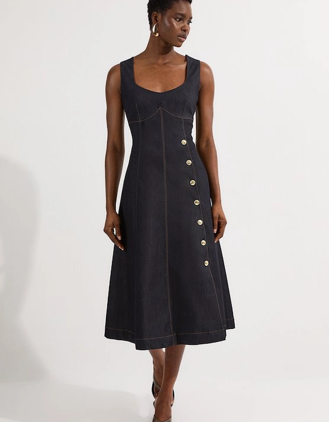 Tailored Denim Sleeveless Full Skirted Midi Dress, 5 of 4