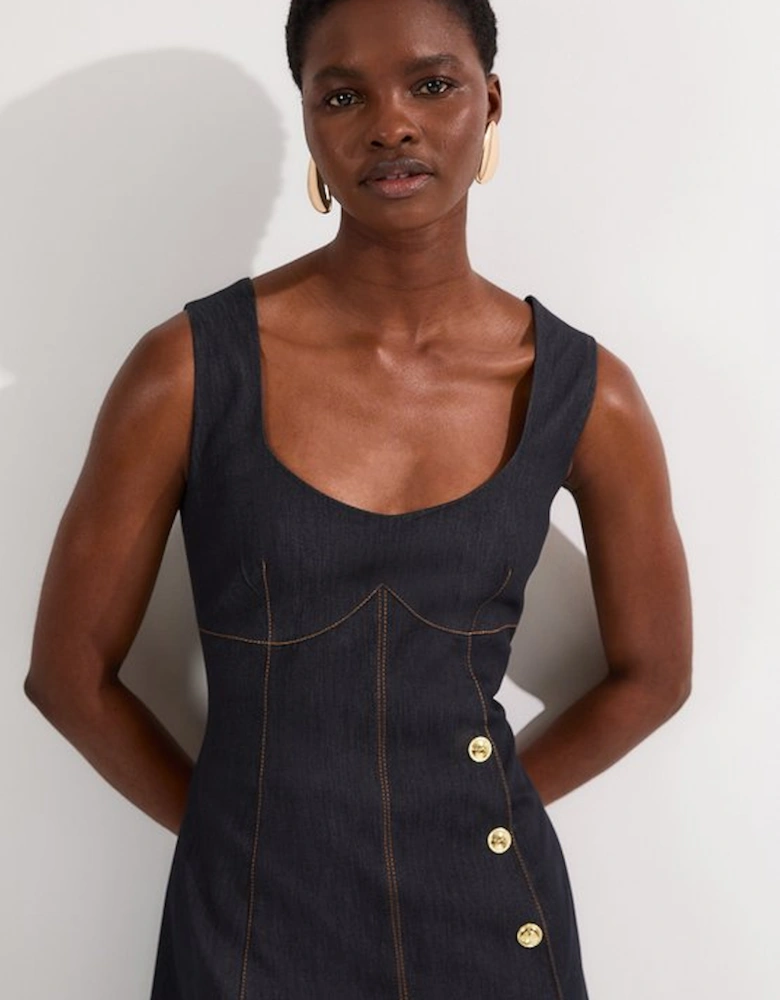 Tailored Denim Sleeveless Full Skirted Midi Dress
