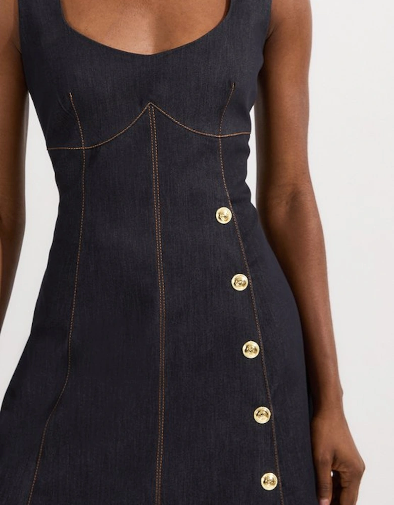 Tailored Denim Sleeveless Full Skirted Midi Dress