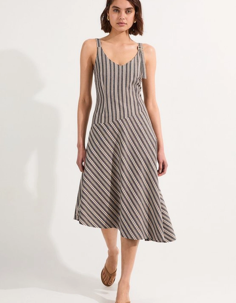 Tailored Stripe Linen  Strappy Asymmetric Hem Midi Dress