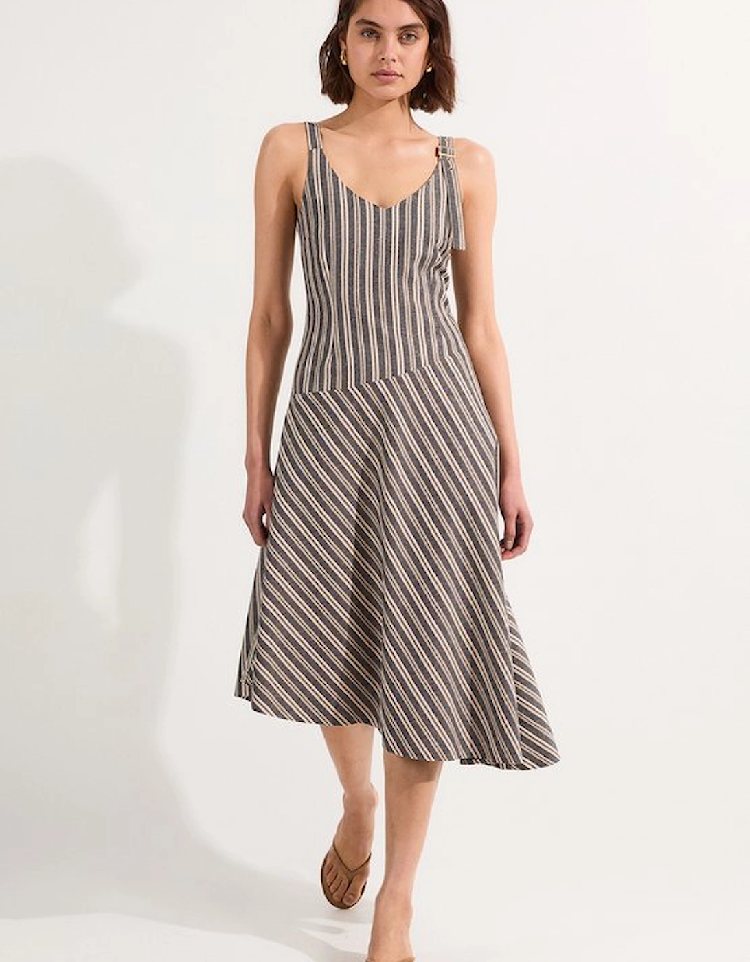 Tailored Stripe Linen Strappy Asymmetric Hem Midi Dress, 5 of 4