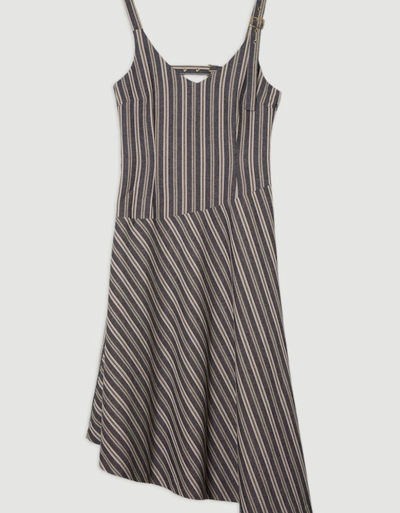 Tailored Stripe Linen  Strappy Asymmetric Hem Midi Dress